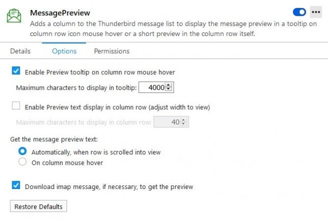MessagePreview thunderbird extension options